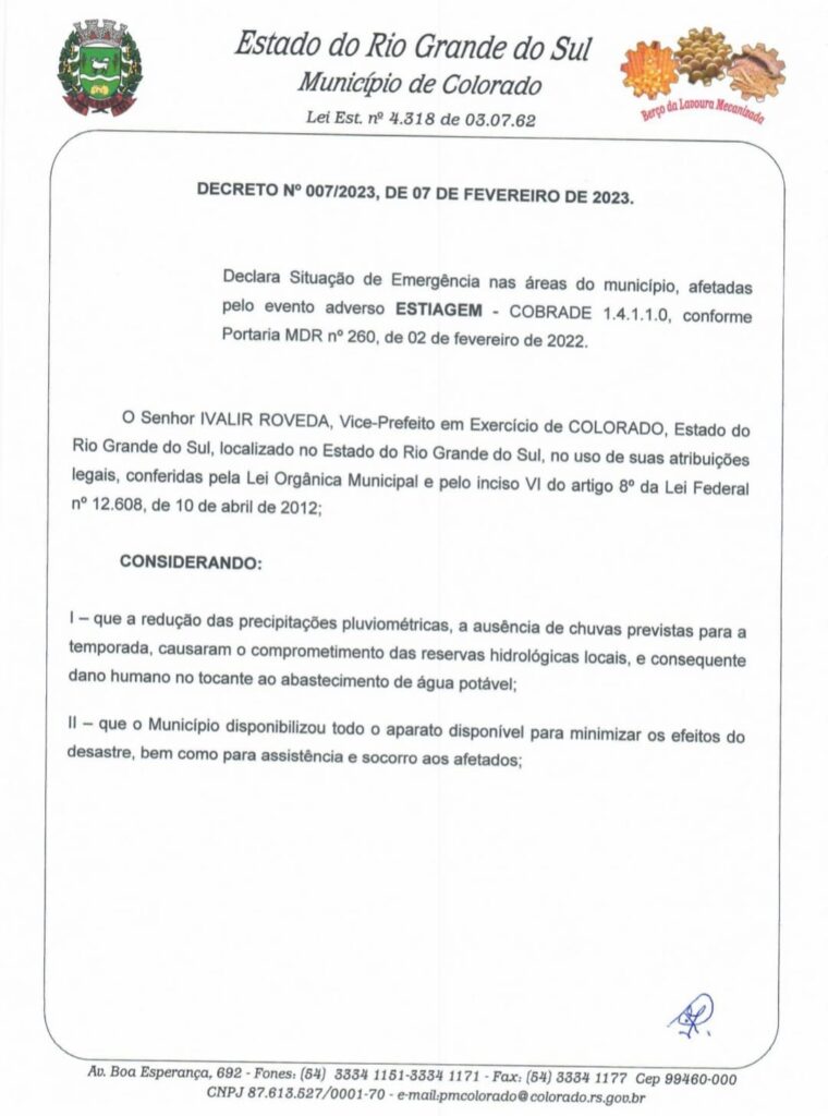 Decreto 007 2023 Situação de Emergência COLORADO EM FOCO